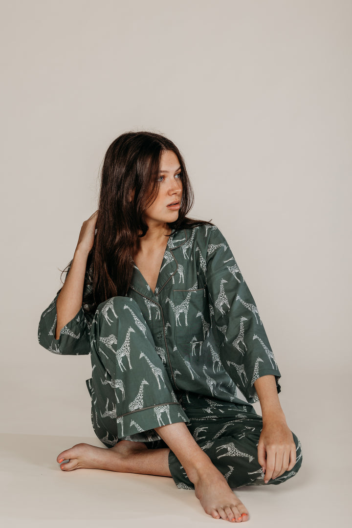 Green Giraffe Printed Pyjamas - Woven Riches NI