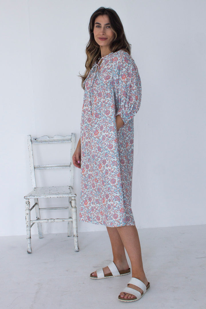 Blue & Pink Pastel Floral Printed Dress - Woven Riches NI