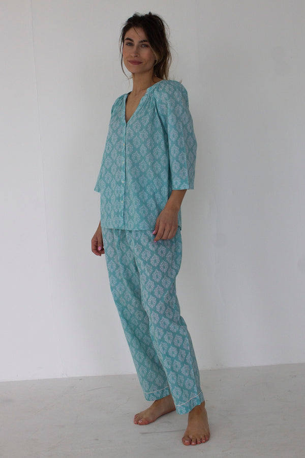 Blue Cotton 3/4 Sleeve Pyjama Set - Woven Riches NI