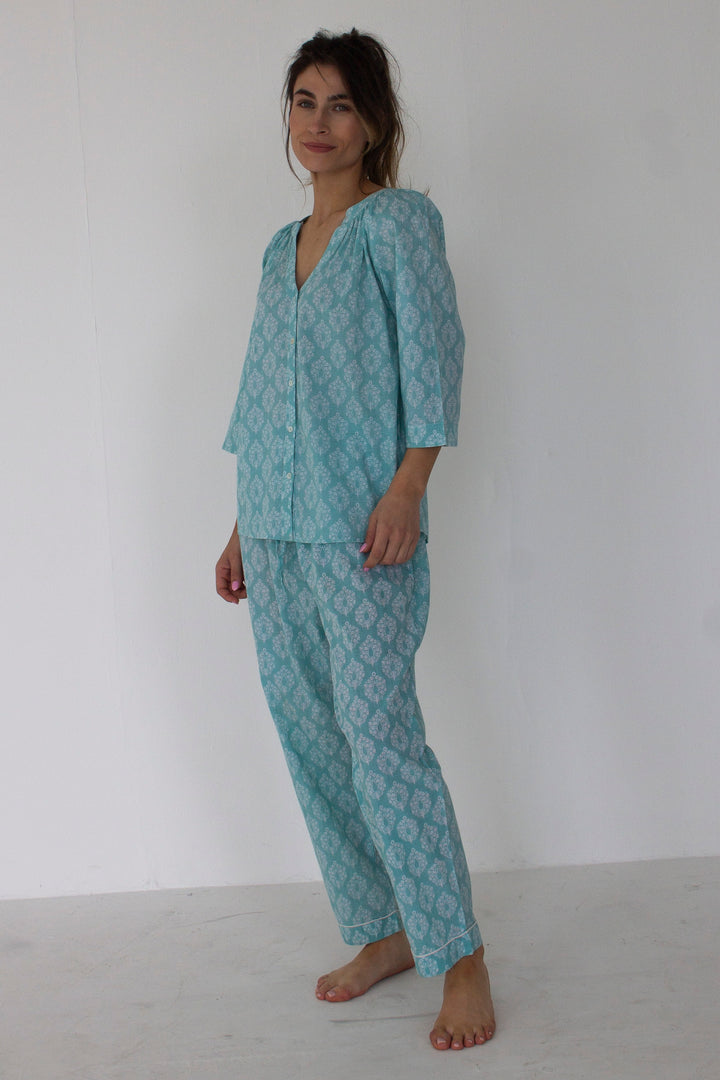 Blue Cotton 3/4 Sleeve Pyjama Set - Woven Riches NI