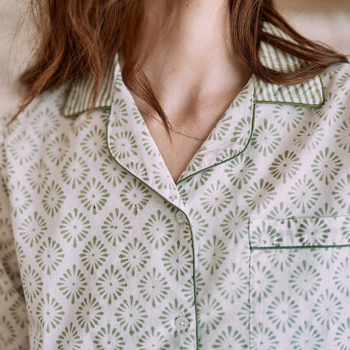 Sage Green Block Print Diamond Pyjamas - Woven Riches NI