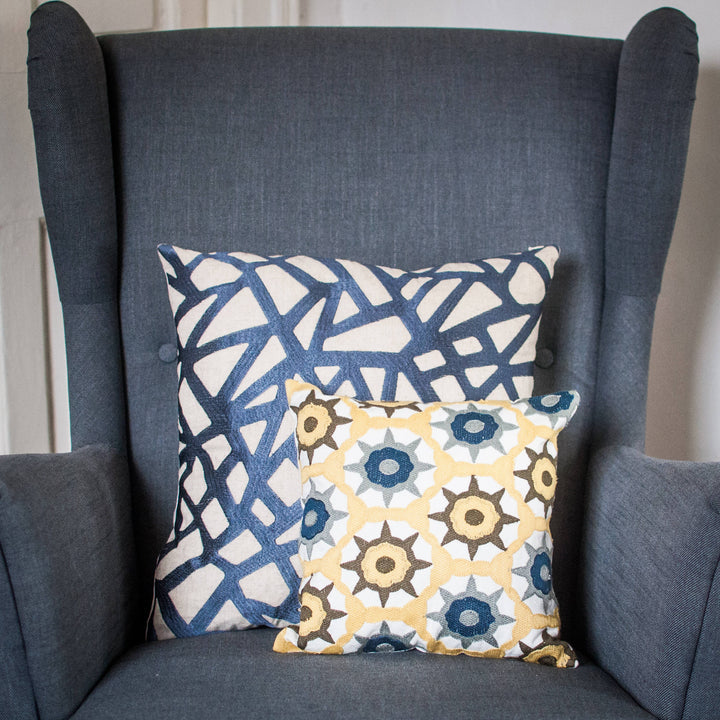 Royal Blue Geometric Embroidered Cushion - Woven Riches NI