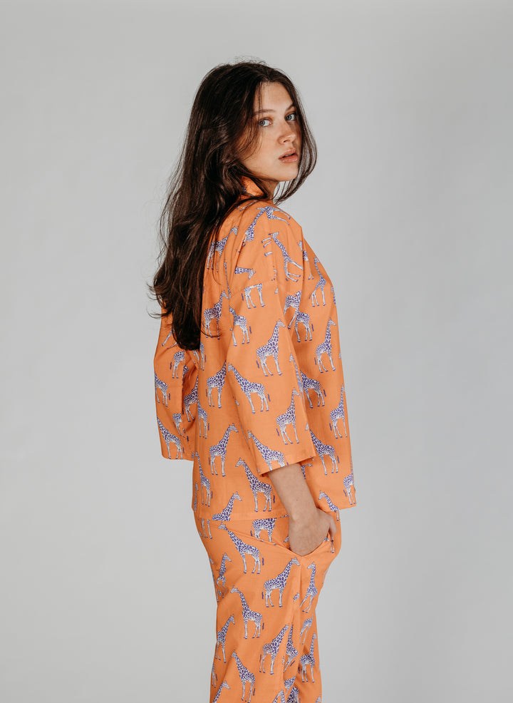 Zoya Orange Giraffe Printed Pyjamas - Woven Riches NI