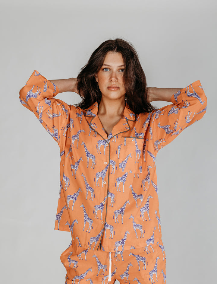 Zoya Orange Giraffe Printed Pyjamas - Woven Riches NI
