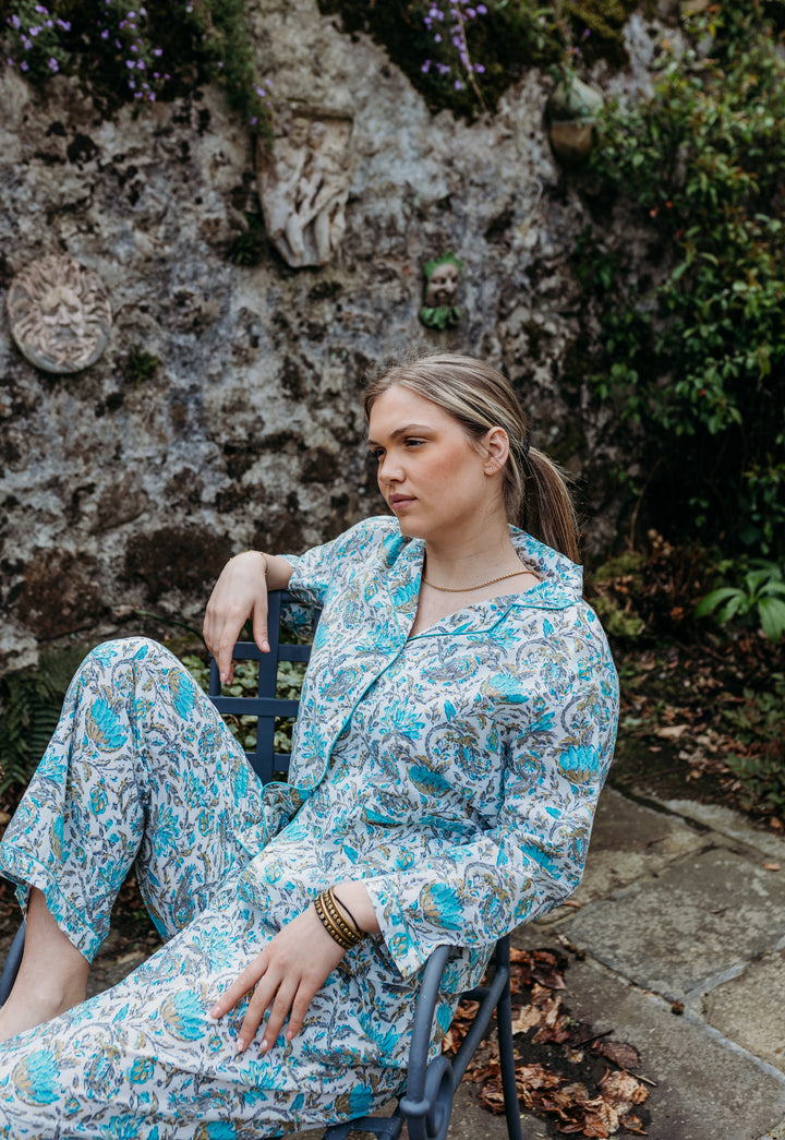 Ahaana Turquoise Block Printed Cotton Pyjamas - Woven Riches NI