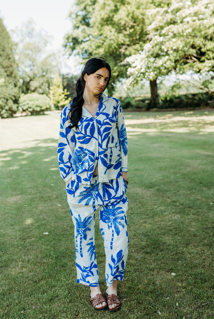 Blue Palm Tree Organic Cotton Pyjamas - Woven Riches NI